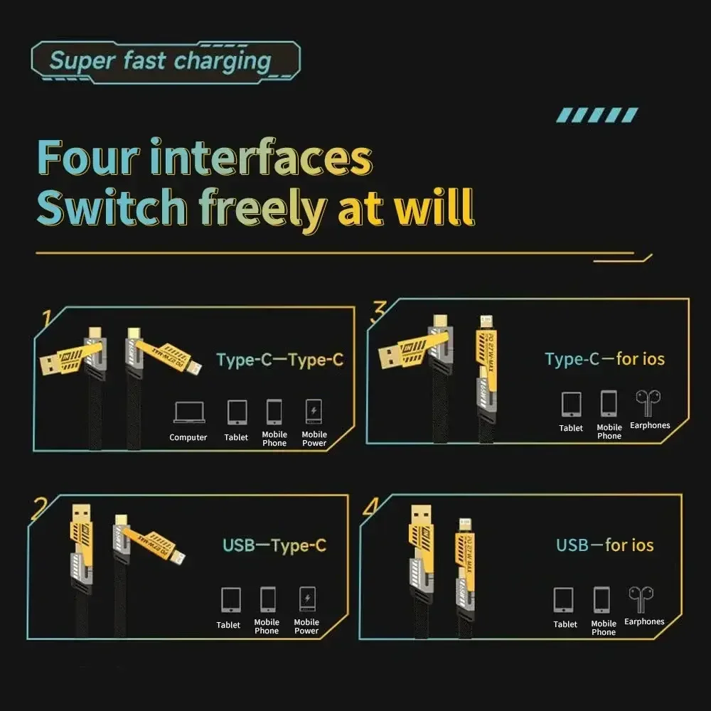 4 в 1 PD 65 Вт Multi USB-кабель для передачи данных Брелок USB C PD Шнур для быстрой зарядки для iPhone 15 14 Max Для MacBook Samsung Устройство типа C