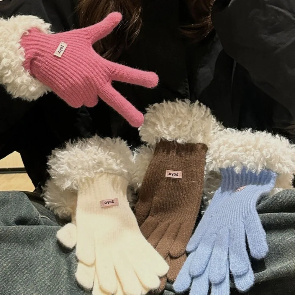 Simple Finger-splitting Plush Edges Gloves Knitted Keep Warm Touch Screen Gloves Korean Style Windproof Lamb Wool Gloves Outdoor