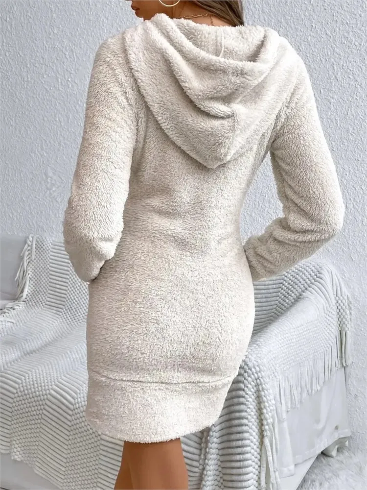 Winter Hoodie Dress Fluffy Warm Hoodie Pocket Women's Dress Fashion Drawstring Slimming And Body Hugging Female Dresses 2025