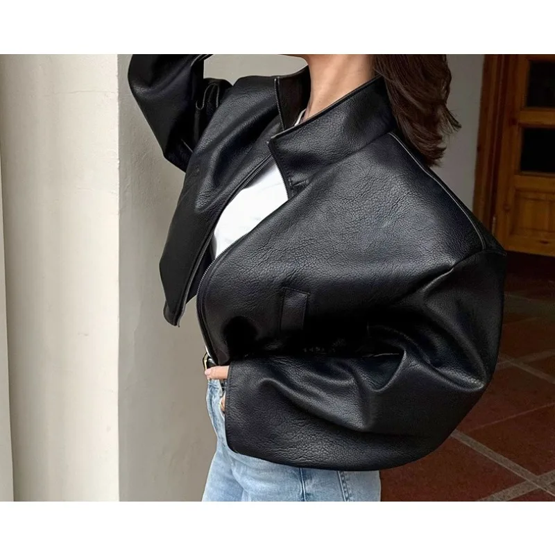 

2025 Autumn and Winter New High-end Black PU Leather Jacket