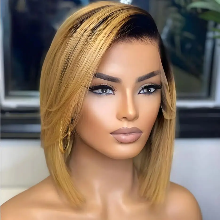 

Natural Hairline Soft Ombre Honey Blonde Short Cut Bob Silky Straight Lace Front Wig For Black Women BabyHair Prepluecked Daily