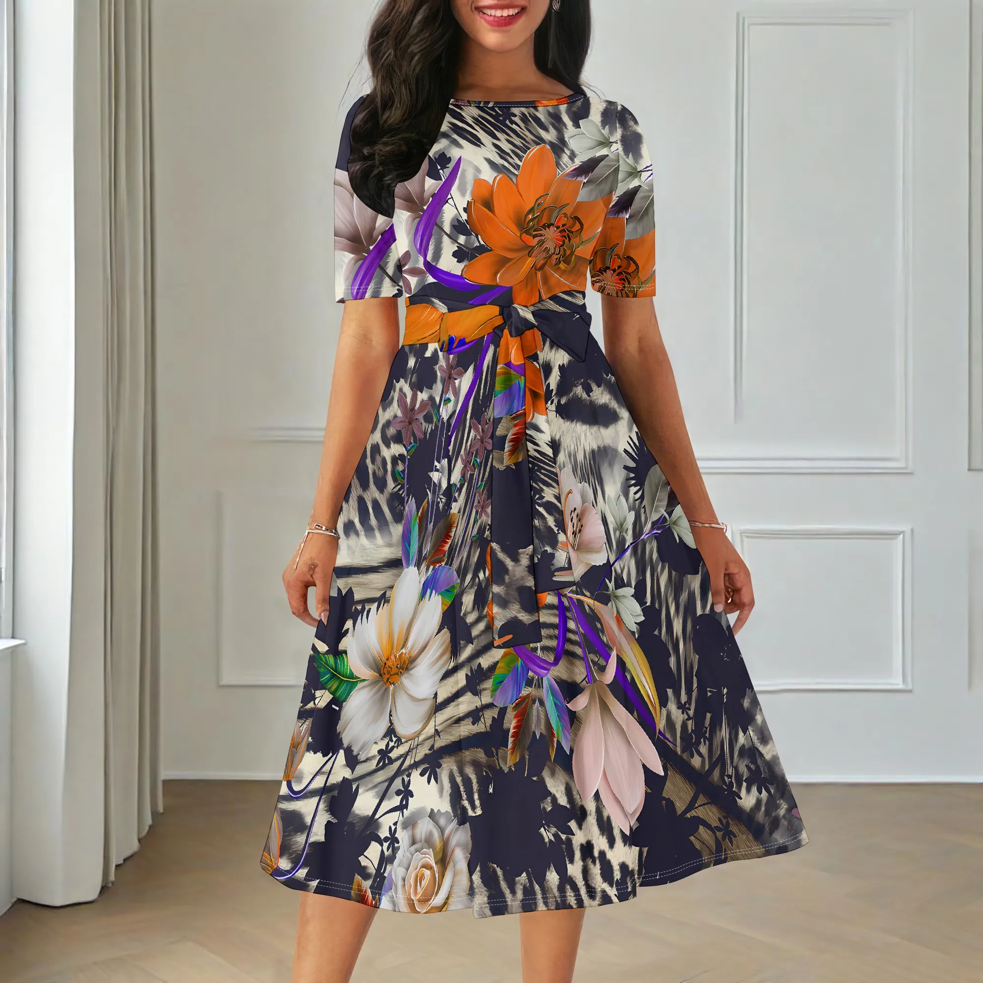 

Women's Summer Fashion Printed Short Sleeve Splits On Both Sides Maxi Dress for sBlack Style Short Sleeve Pocket Dress