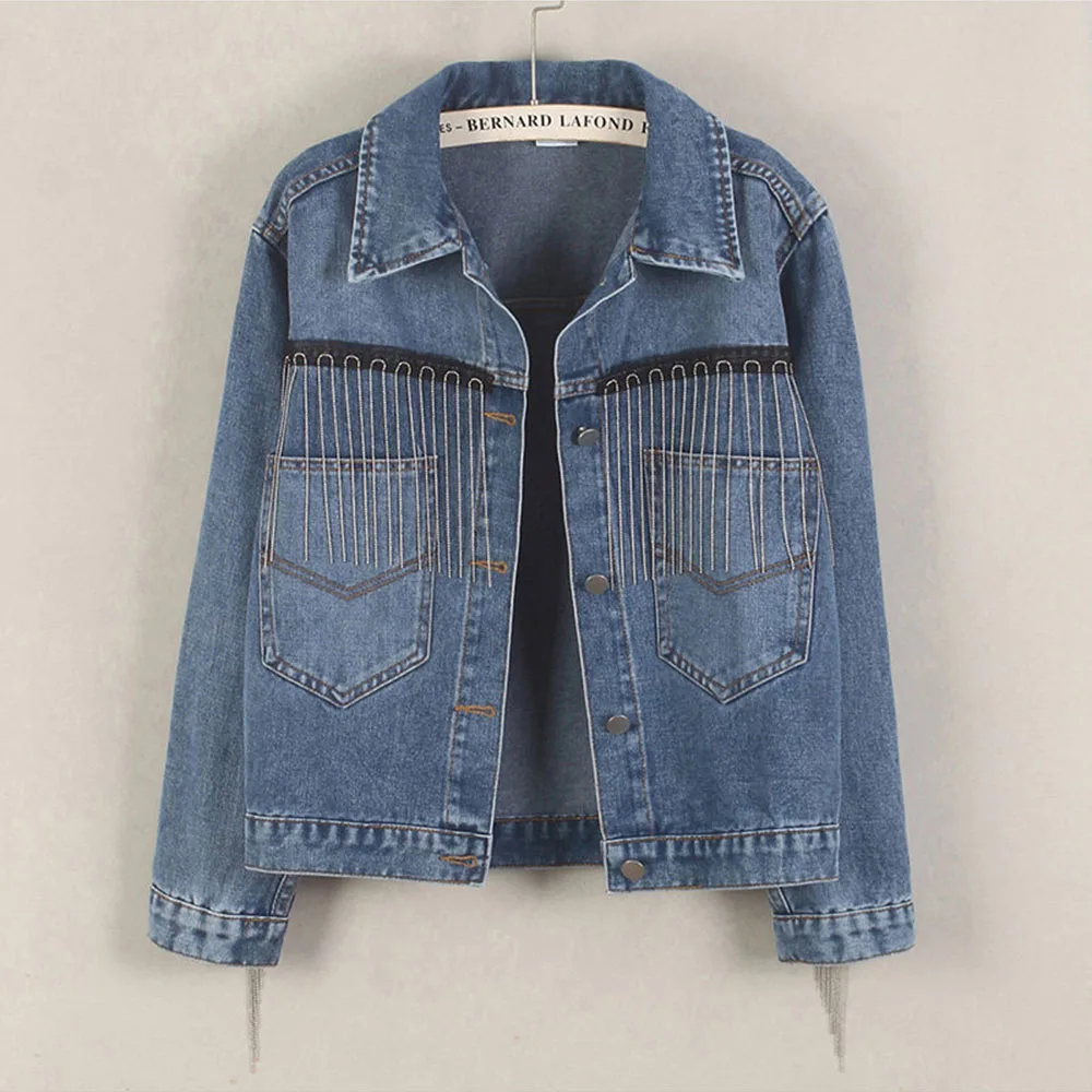 

Tassel Design Blue Women's Denim Jacket Loose Fit Short Denim Coat Casual Ladies Top Fashion Loose Short Jean Jacket For Women