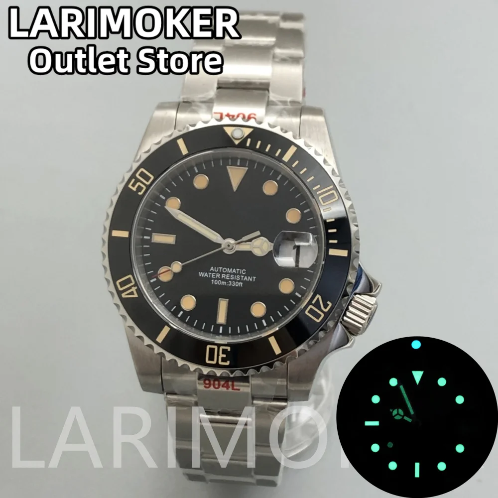 

LARIMOKER 40mm Black NH35 Movement Automatic Men Watch Solid Stainless Steel Strap Green Luminous Sapphire Glass Date Magnifier