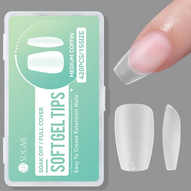UR SUGAR 420 ชิ้น/กล่อง เจลซอฟท์เจลทิปส์ ทรงอัลมอนด์สั้น ขนาดผสม เล็บปลอมแบบเต็มเล็บ กดติดเล็บ สำหรับทำเล็บ