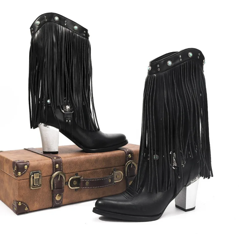 

2025 New Women's Leather Rivet Fringed Mid-calf Boots Women's Embroidery Thick High Heels Western Fashion Boots Botas Para Mujer