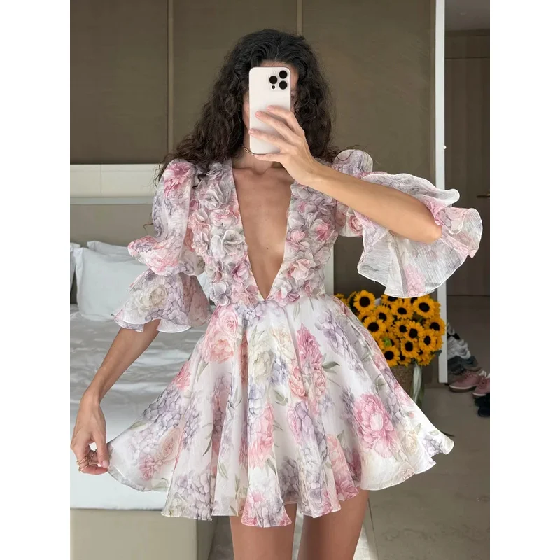 JINIA Floral Mesh Mini Dress Ruffles Pleated Sleeve Sexy High Waist A-line Beach