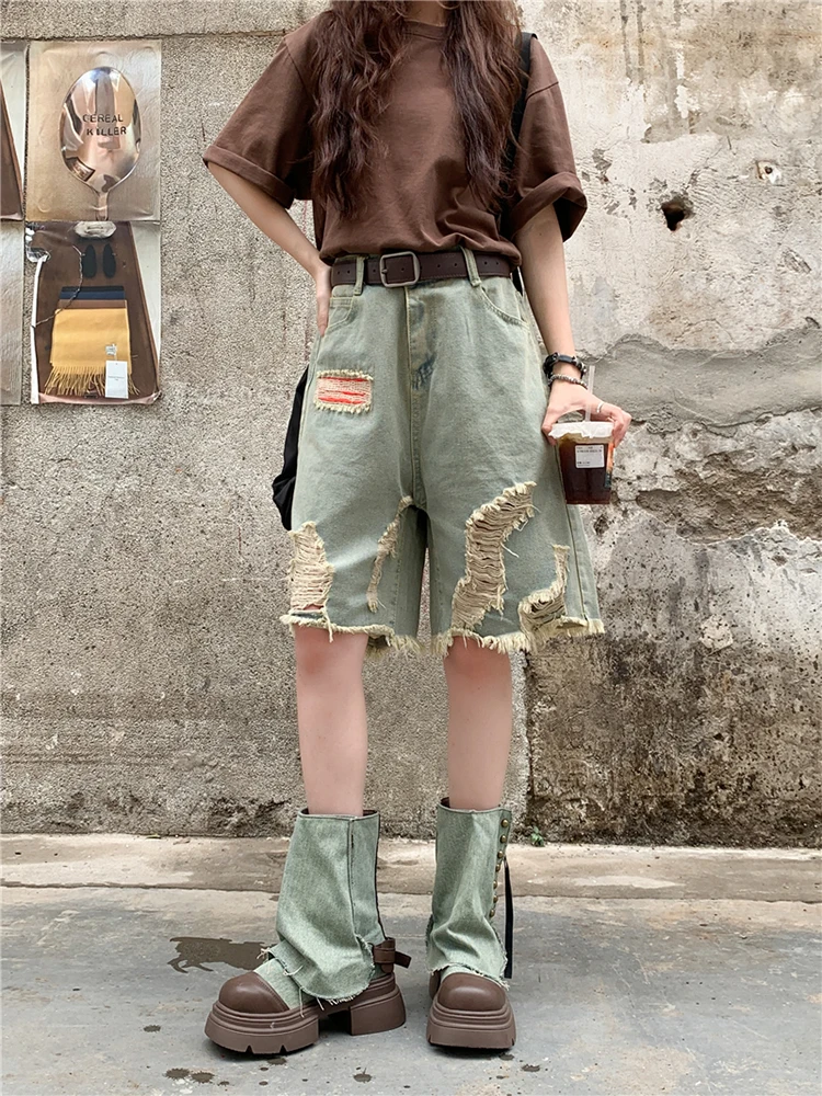 Reddaschic-pantalones cortos de mezclilla irregulares para mujer, Jeans holgados de tiro bajo, ropa de calle Harajuku Y2k, lavado Vintage, Verano