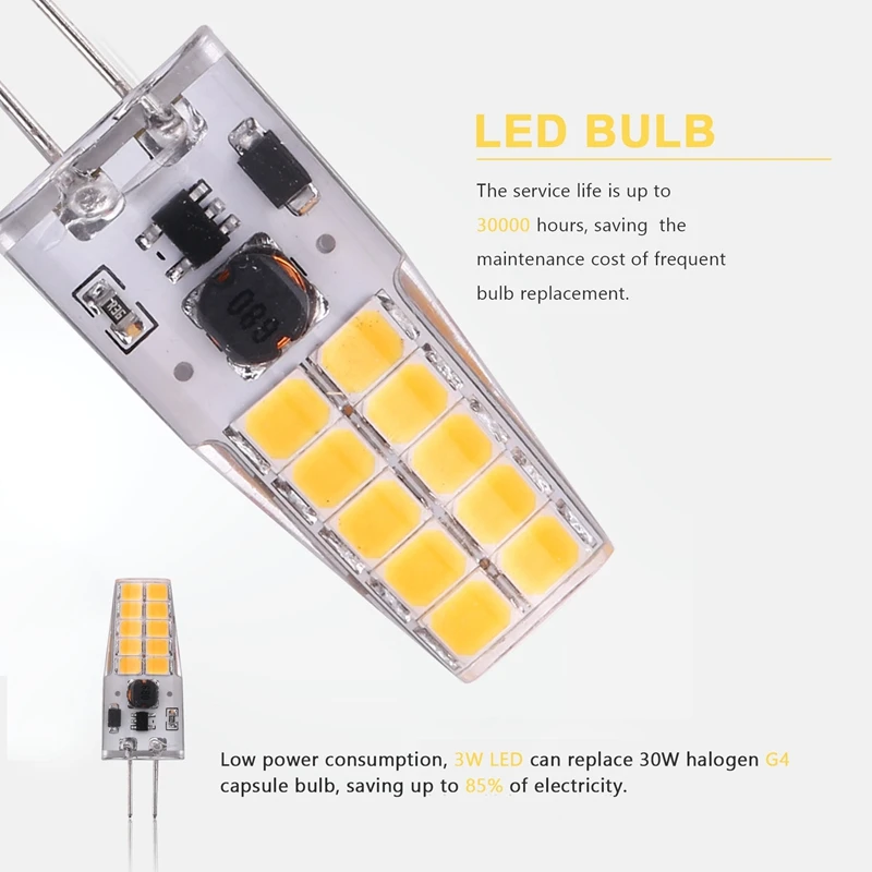 Substituição da lâmpada halógena, lâmpada LED G4, AC, DC12V-24V, 3W, 20LED, 360 Ângulo de feixe, 2835SMD, 30W, 10Pcs