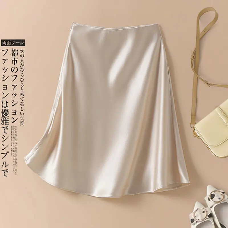 2024 Summer New Women's Glossy Satin High Waist A-Line Midi Skirt Draped Hip Wrap Slimming Fashion Versatile Casual Daily Party