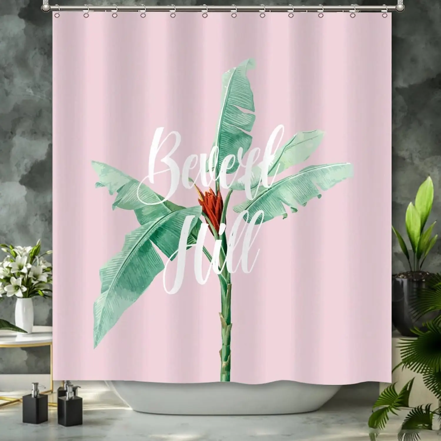 

Shower Curtains with Holes - Shower Curtain for Bathroom - Pink Palm Leaf Fabric Retro Shower Curtai