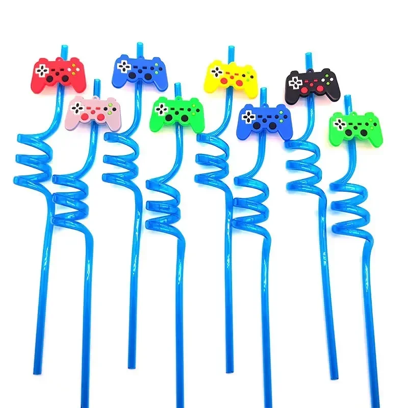 8pcs 26cm Reusable Game Controller Plastic Helical   Straws Gamepad Toys Straw Game Console Theme Kids Birthday Party Decor