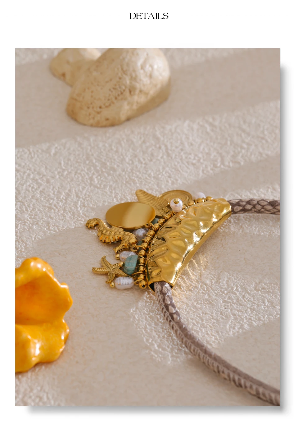 Yhpup Exklusives Design, handgefertigter Schmuck, Perlen im Ozean-Stil, Seestern, Muschel, Fischtropfen-Halskette, exquisiter Edelstahl-Schmuck – Detail 13
