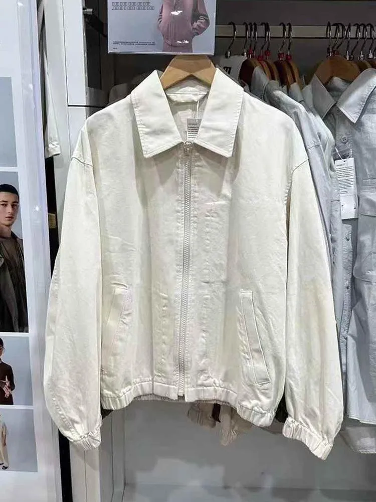 

Spring Autumn ex Pure Color Zipper Jaet Workwear Coat Flip Collar Long Sve Commute Sle Loose Fit Single Piece