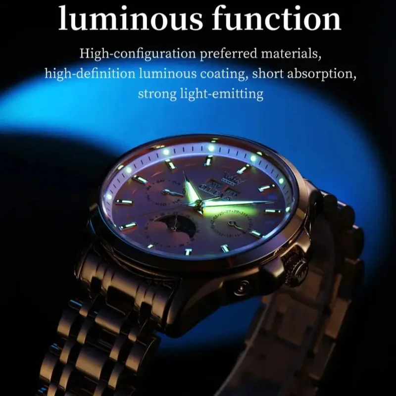 ساعة OLEVS 7070 للرجال فاخرة متعددة الوظائف لتقويم الأسبوع ومرحلة القمر للرجال جميع الساعات الميكانيكية الأوتوماتيكية