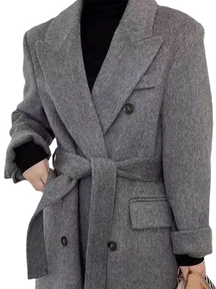 LANMREM Double Sided Wool Coat Mid Length Loose Casual Double Breasted Belt Overcoat Female Warm Clothes 2023 Winter New 2DA2313