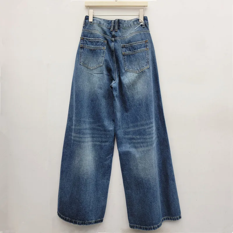 ANJY Spring Autumn New Women's High Street Design Chain Metal Decorated Jeans Washed Loose Versatile Wide-Leg Denim Pants A27483