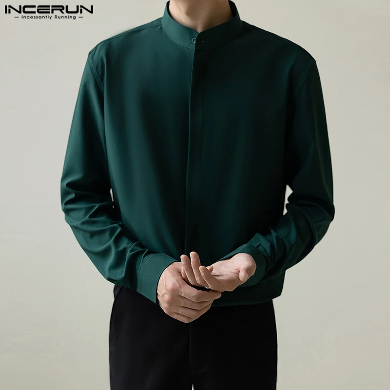 

INCERUN Tops 2024 Korean Style Handsome Mens Simple Solid Stand Collar Design Shirts Casual Streetwear Long Sleeved Blouse S-5XL