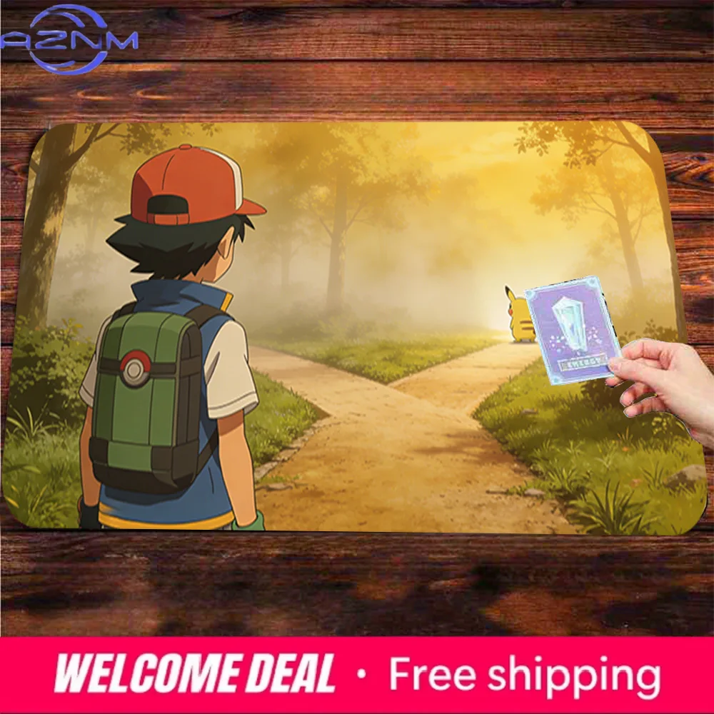 Ash & Pikachu Forest Adventure Large Gaming Mouse Pad, Non-Slip Rubber Base Desk Mat, Stitched Edge Playmat for Game & Offic