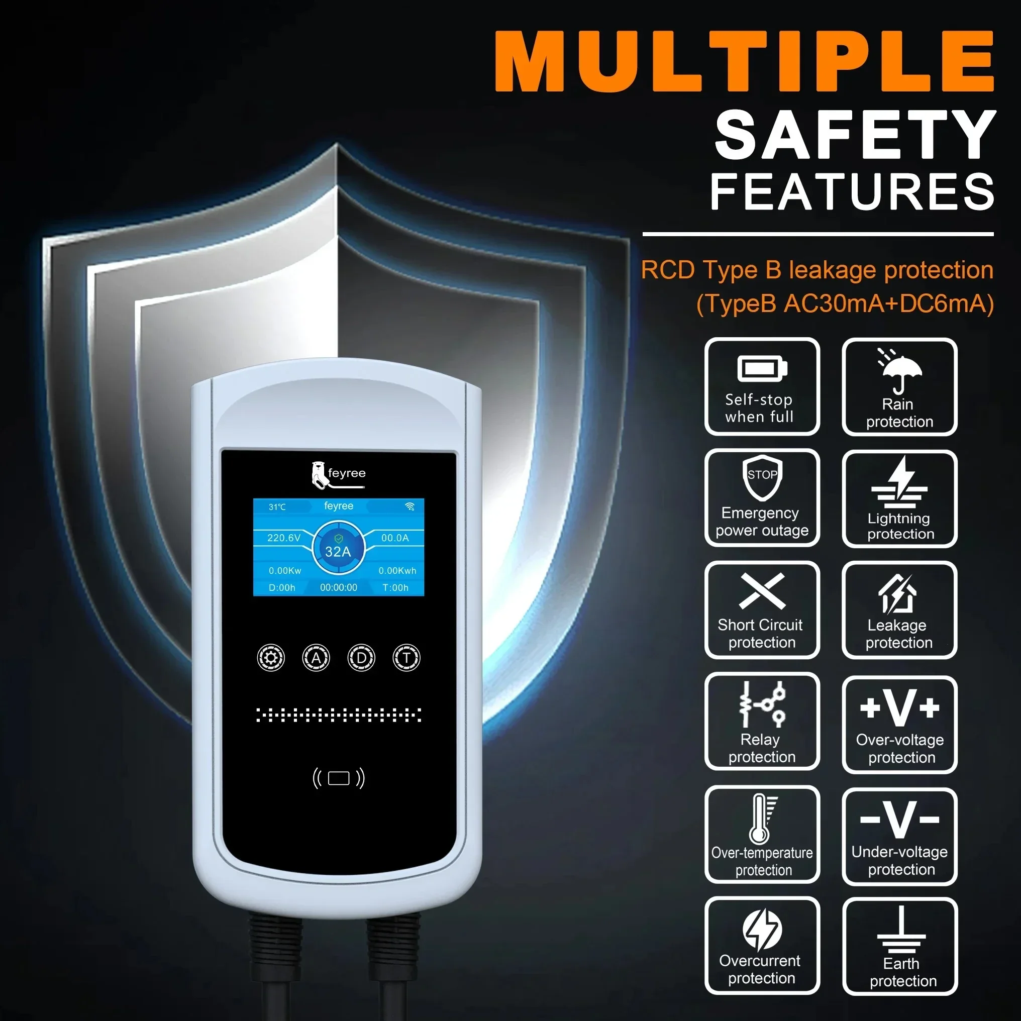 Feyree 22KW 32A Typ2 EV-Ladegerät 11KW 3P EVSE Wallbox 7,6KW 1P 4,3-Zoll-Bildschirm Neue Smart-App-Steuerung Ladestation Autoladegerät – Detail 21