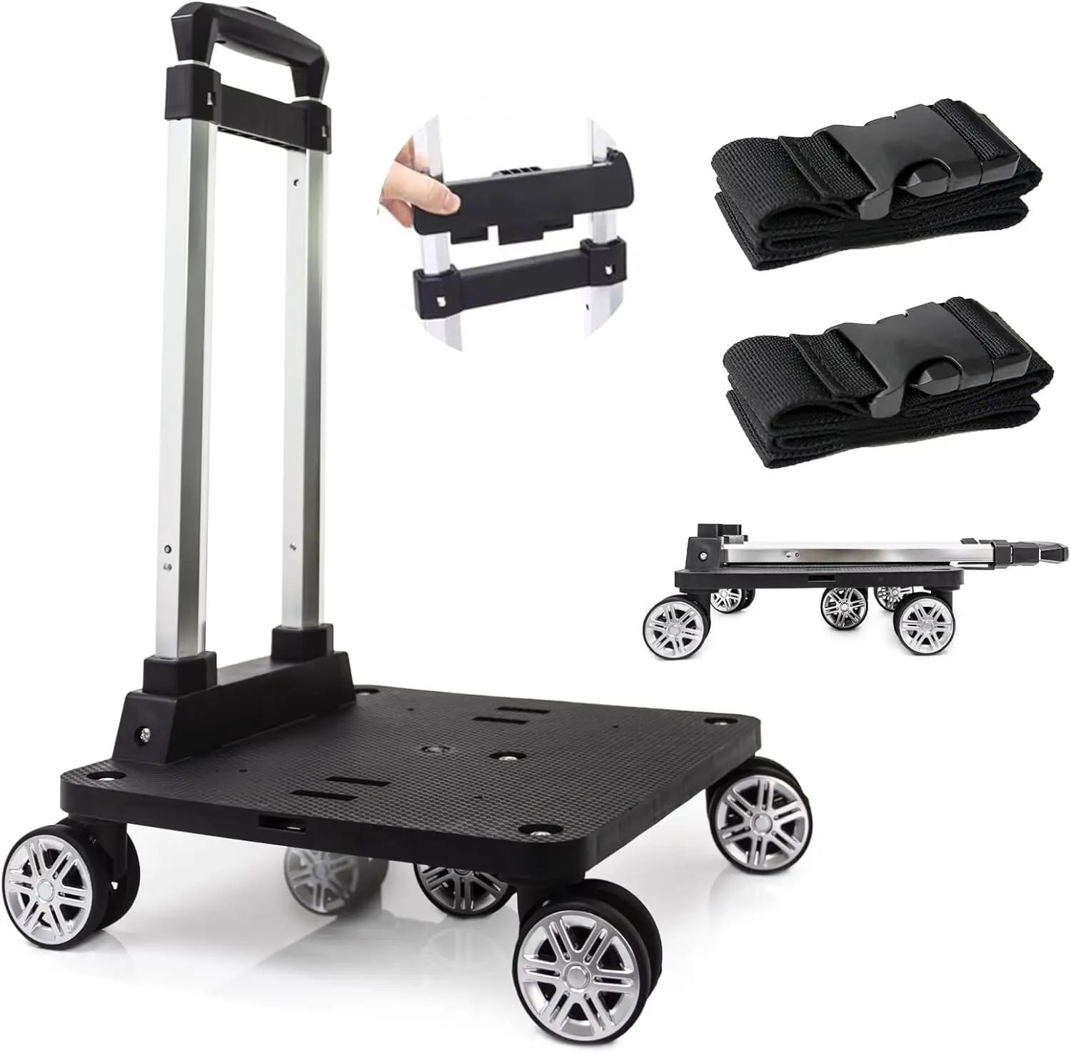 Foldable Backpack Trolley with 5 Swivel Wheels and Large Base,Luggage Cart with Luggage Strap