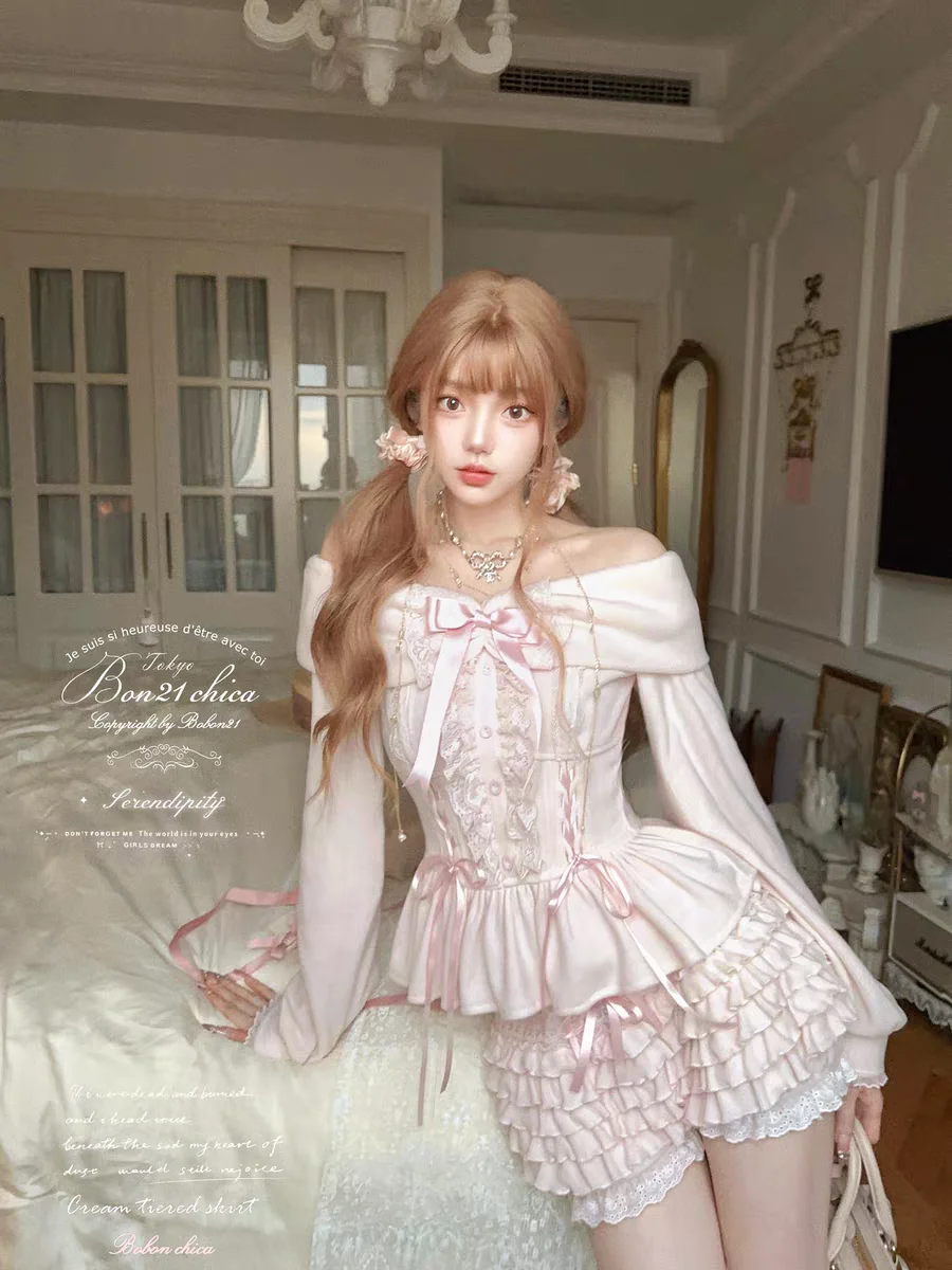 Princess sweet lolita shirt bobon21 Retro Nana slash neck Strapped Bow Knitted Shirt T2423