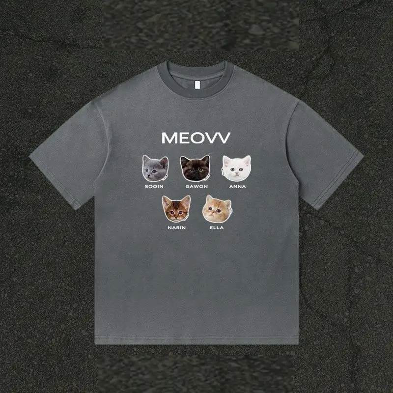 ME-O-VV Kpop Cat Print T-shirt, Kpop Fans Merch Ins Style Trendy Graphic Tee, 100% Cotton Unisex Short Sleeve Casual Top
