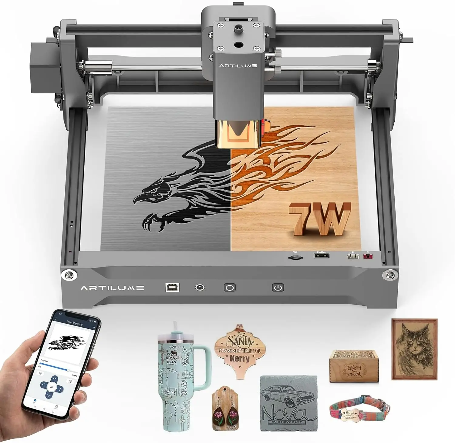 

7000mW Laser Engraver Cutter Machine 200x150mm Area LightBurn Compatible WiFi APP 0.01mm Precision Wood Metal Acrylic Leather DI