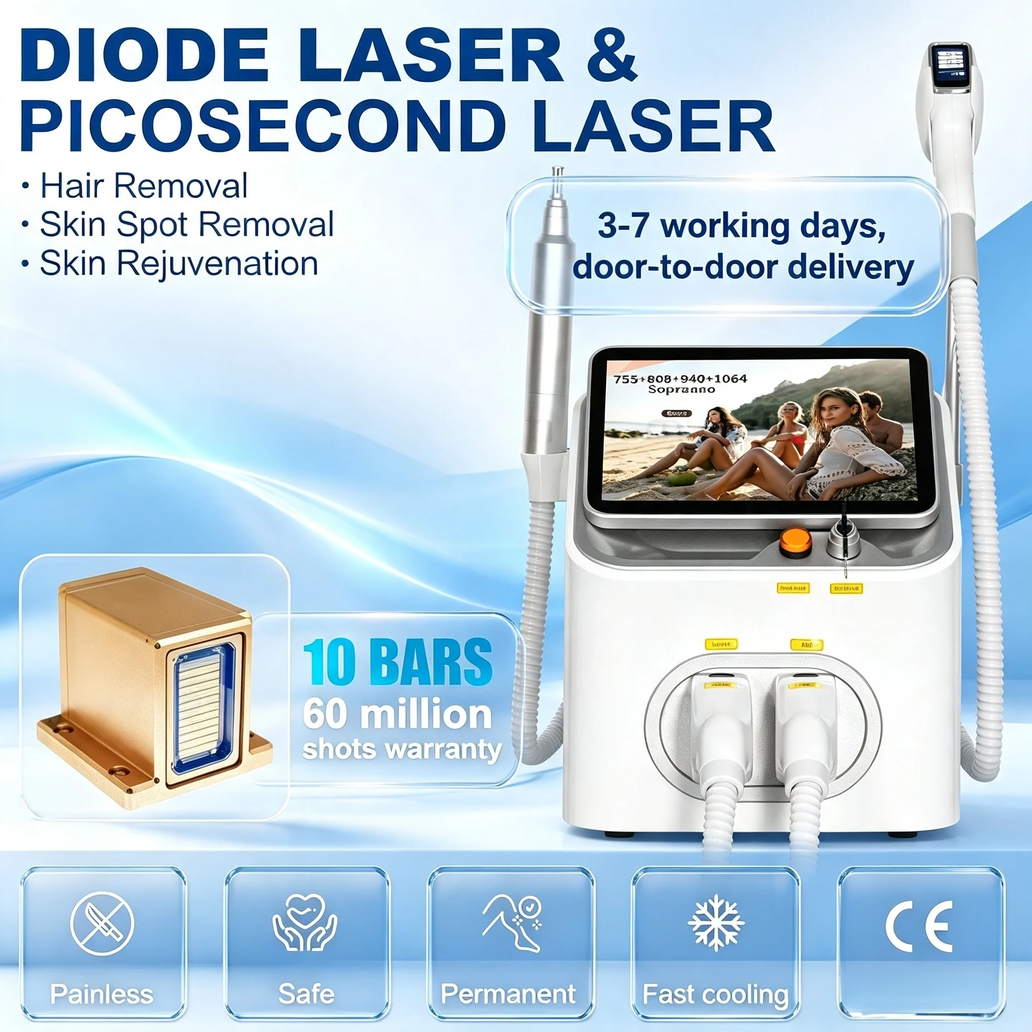 Professional FAC 2-in-1 Diode Laser Hair Removal Machine 5000W Pico Qswitch ND YAG 4 Waves 808NM for Tattoo Removal