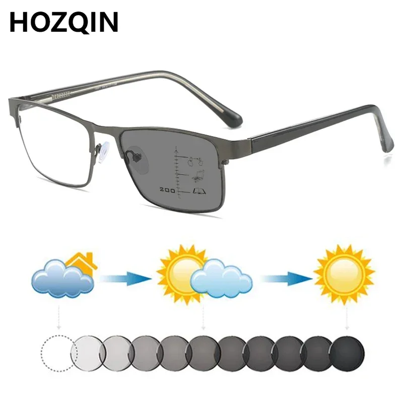 

New Men Metal Anti Blue Light Photochromic Progressive Multifocals Reading Sunglasses Women Hyperopia Spectacles Travel Driving