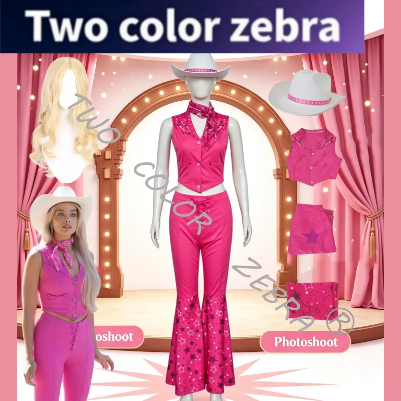 Disfraz de Vaquera Princesa Barbiecore Rosa de Película, Traje Occidental con Sombrero, Chaleco, Pantalones y Bufanda para Halloween y Actuaciones Escénicas