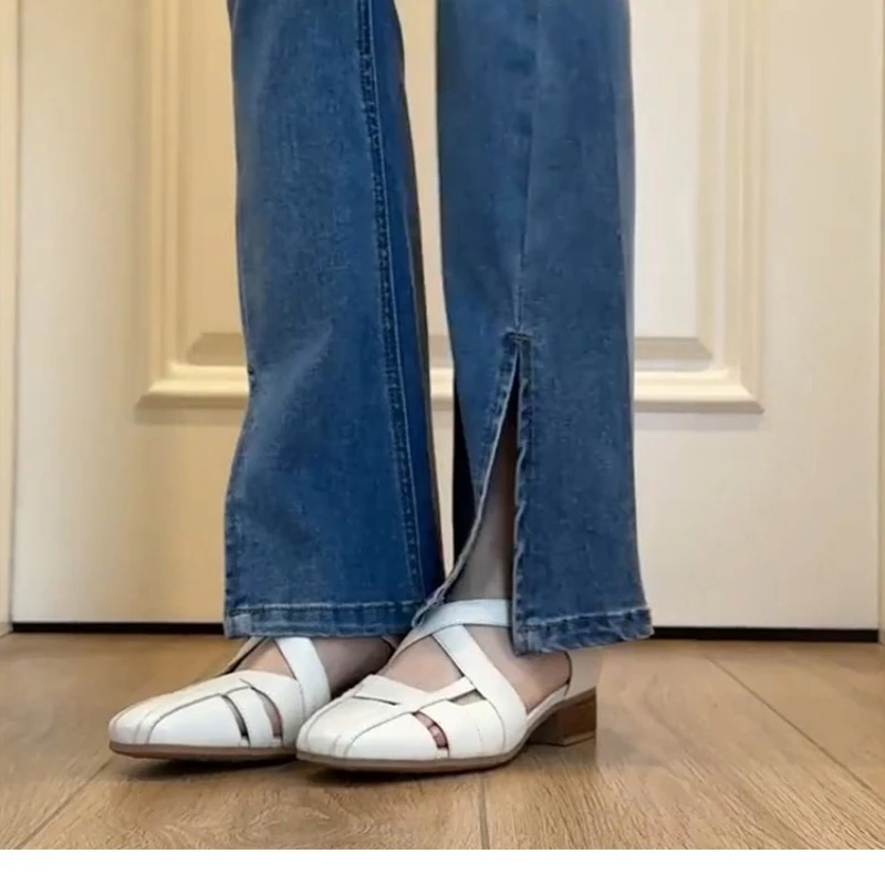 Square-Toe Hollow-Out Mid-Heel Sandals Women's Shoes New Arrival One-Piece Comfortable Office Wear Thick-Heel Women's Footwear