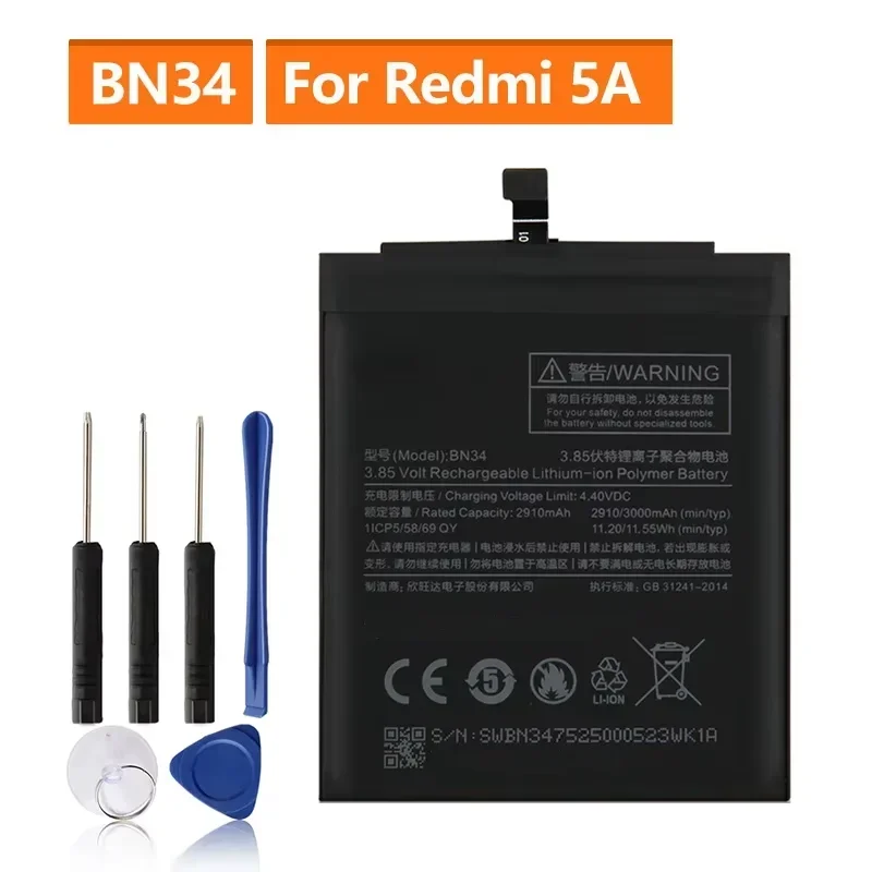 2024 Production Replacement Phone Battery For Xiaomi Mi Redmi 5A Redrice 5A BN34 Rechargeable Batteries 3000mAh