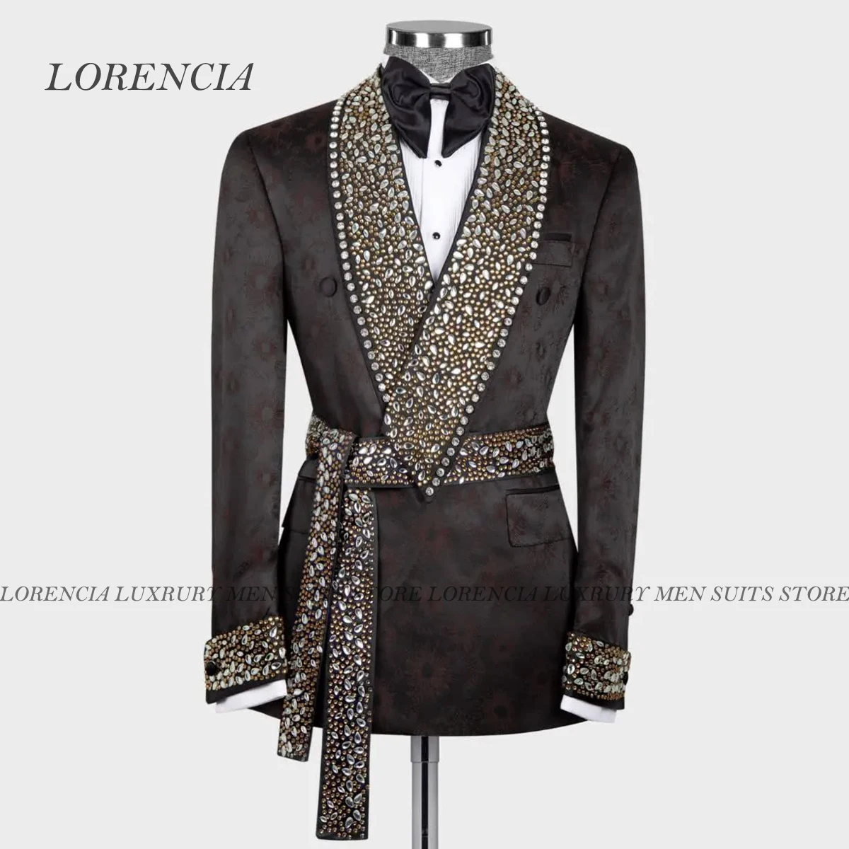 

Customized Men Suits Crystals Diamond 2 Pieces Belt Wedding Groom Tuxedos Beaded Party Prom Blazer Birthday Man Costume Homme