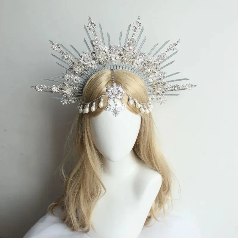 Silver Sunburst Halo Crown Queen Tiara, Baroque Crystal Headpiece with Pearls for Bridal Wedding Cosplay or Fantasy Costume