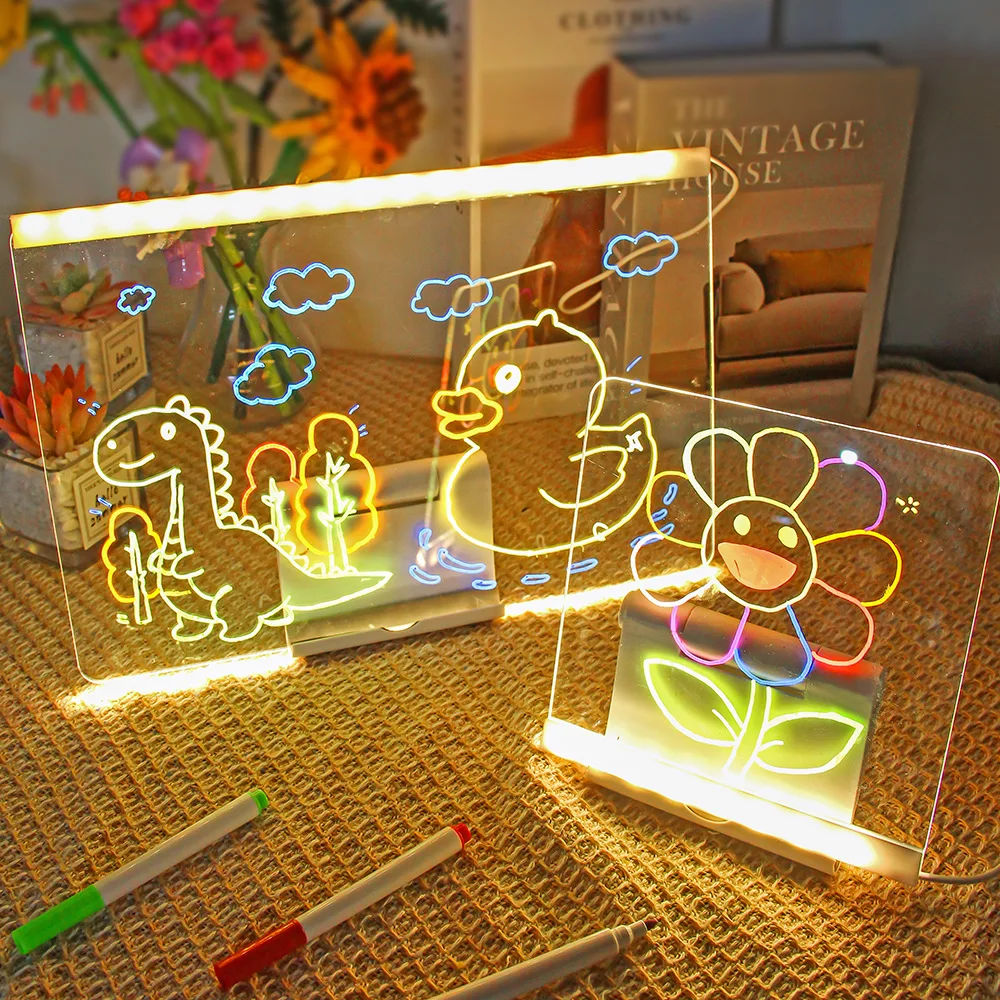 LED Glowing Drawing Board Children Light Up Doodles Painting Pad Acrylic Messgae Board Fluorescent Colorful Pen Room Decoration