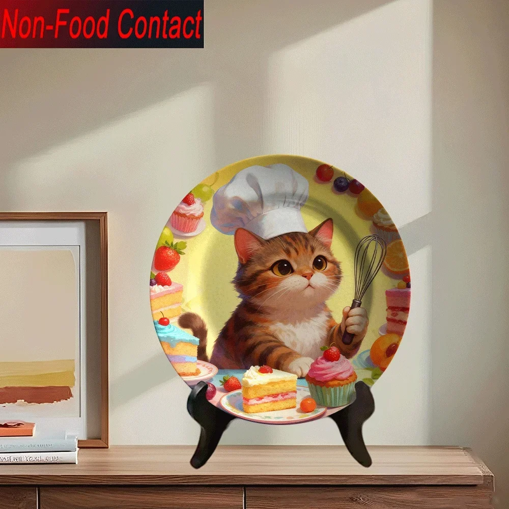 1pc Ceramic Cat & Cake Plate - Round Non-Food Contact Decorative Plate with Adorable Chef Cat, Mixing Bowl & Fruit Cake Design