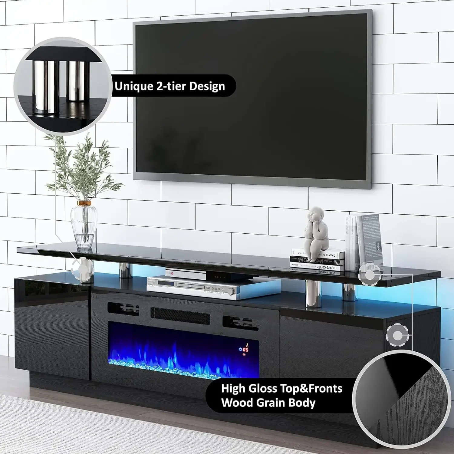 Conjunto de suporte de TV com lareira grande de 110", inclui suporte de TV com lareira de 2 camadas de 70", console de TV com luz LED para sala de estar, preto