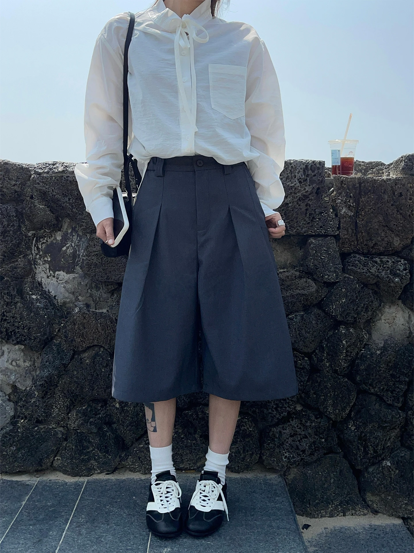 

Gray Pleated A-Line Wide Leg Pants Commute Casual Seven-Five Suit Trousers Unisex High Waist Polyester Fiber Micro Stretch