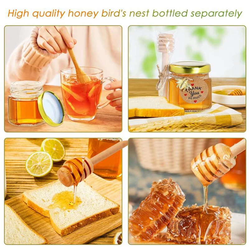 30/60Pcs 1.5oz Honey Jars Custom Wooden Dipper Hexagon Glass Mason Jars Jute For Wedding Hang tags-Baby Shower Party Favors