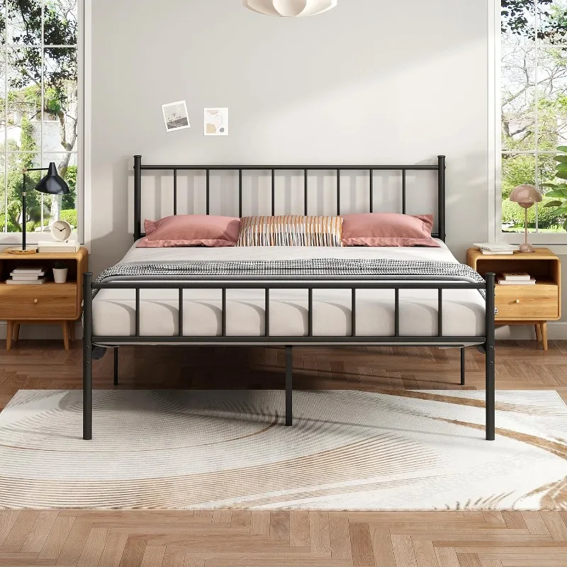 Queen Size Platform Bed Frame - Black Metal Bed Frame Heavy Duty Bed Base with Headboard and Footboard Steel Slat Support N