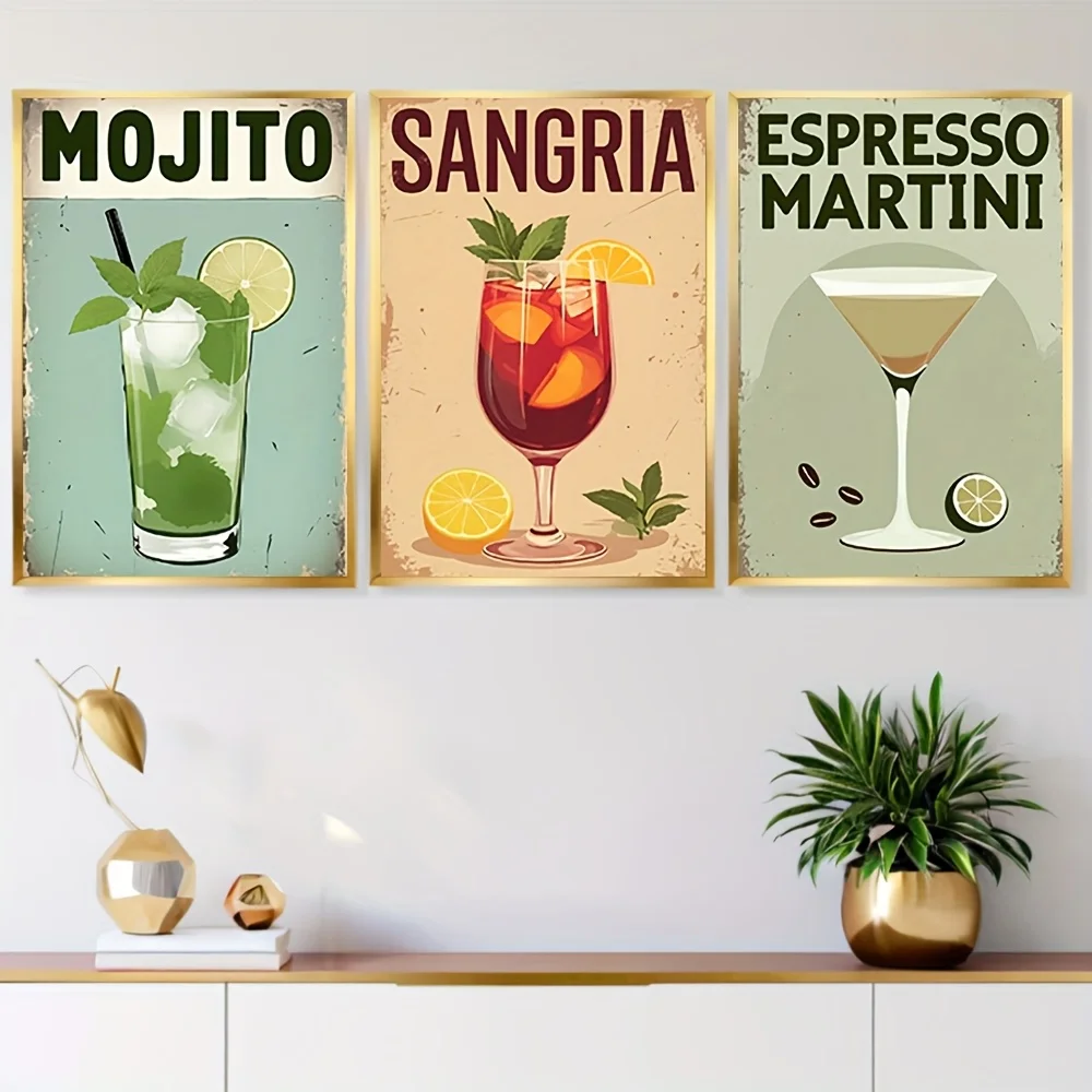 2D Flat, 3pcs Vintage Art Posters - Espresso Martini, Sangria & Martini Prints Suitable, Bar & Home Decor - Multicolor Mixolo