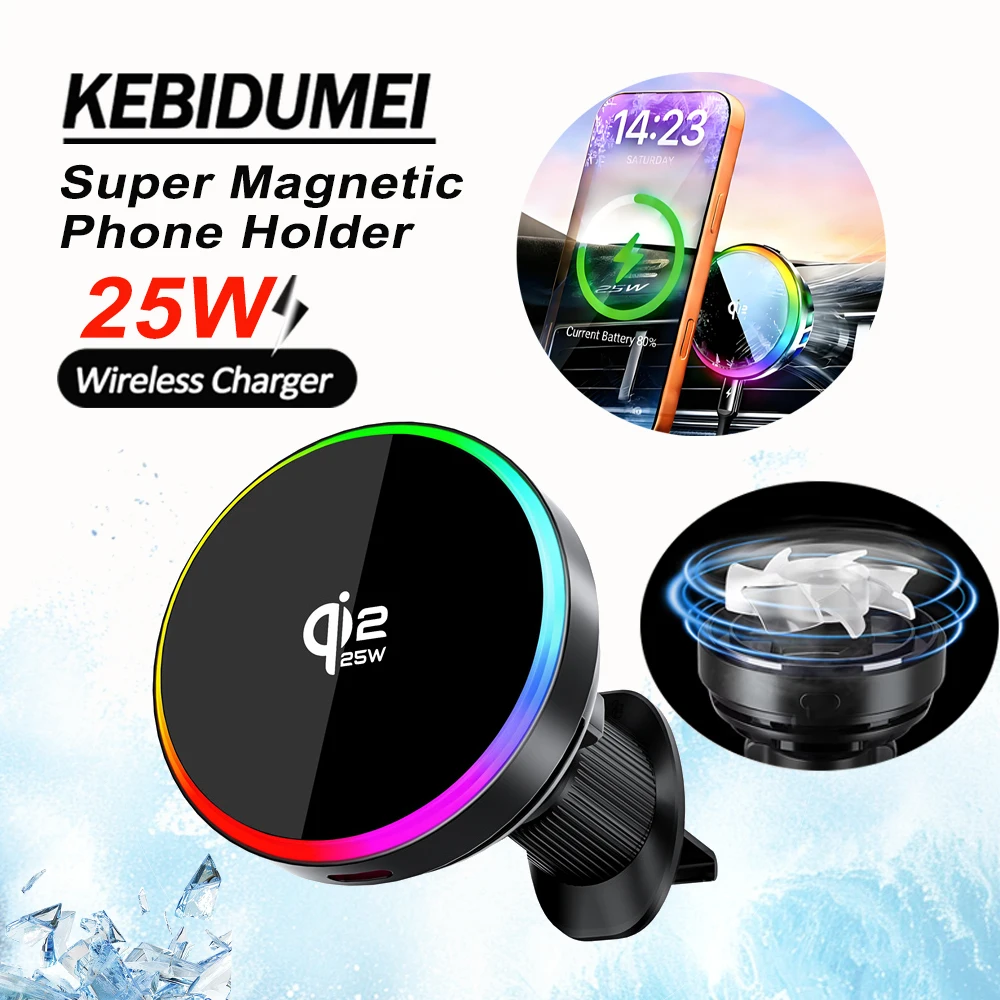

25W Magnetic Wireless Car Charger, Air Vent Phone Mount with RGB Ambient Light & Cooling Fan for iPhone 15/14/13/12