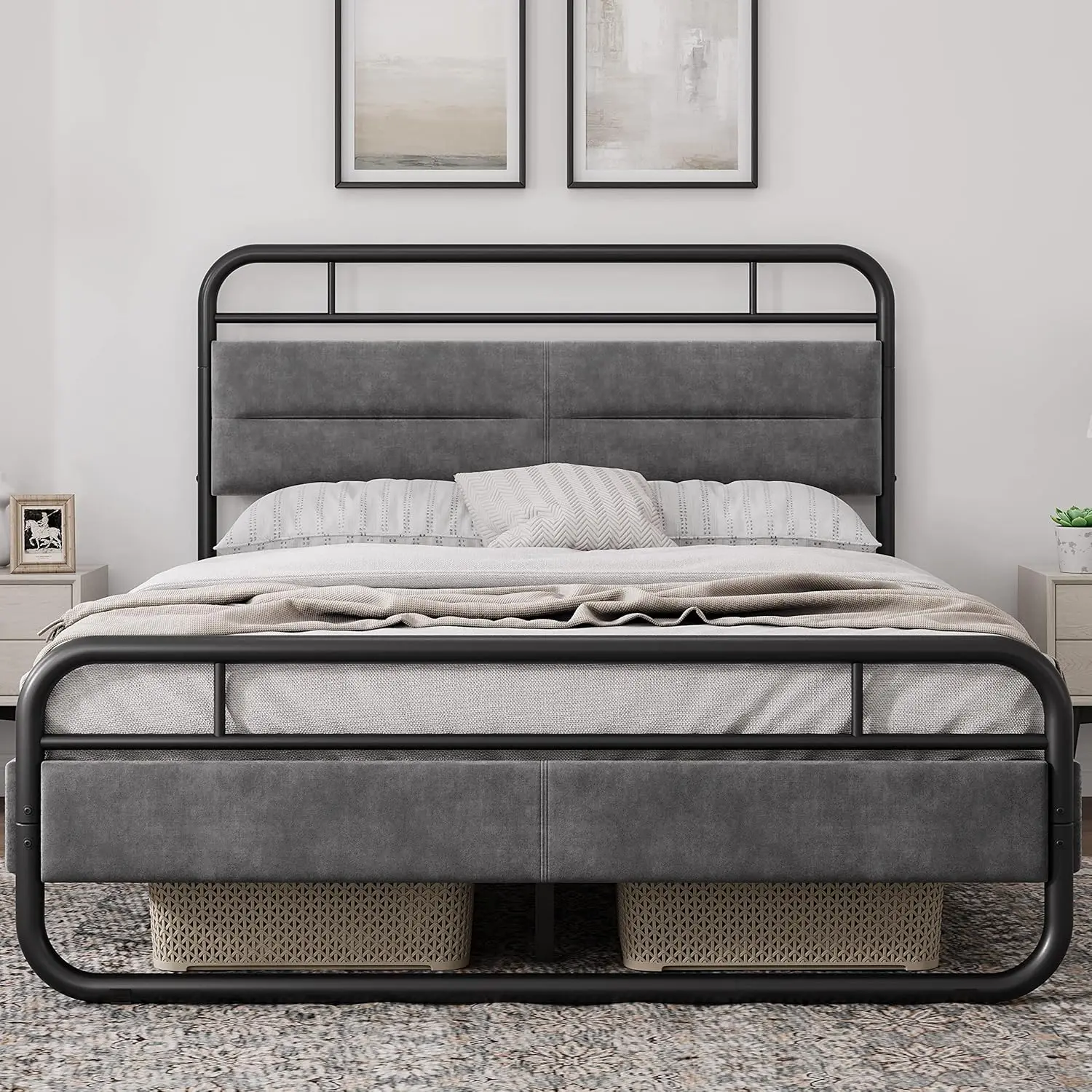 

Headboard, 8.7 Inch Under-Bed Storage/Steel Slats Support/Noise Free/No Box Spring Needed/Easy Assembly/Dark Grey Queen Bed