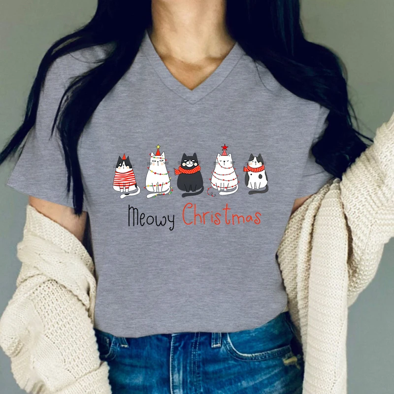 المرأة عيد ميلاد سعيد القطط الكرتون المطبوعة تي شيرت, موضة, كم قصير, الخامس الرقبة, تي شيرت, مضحك, عطلة