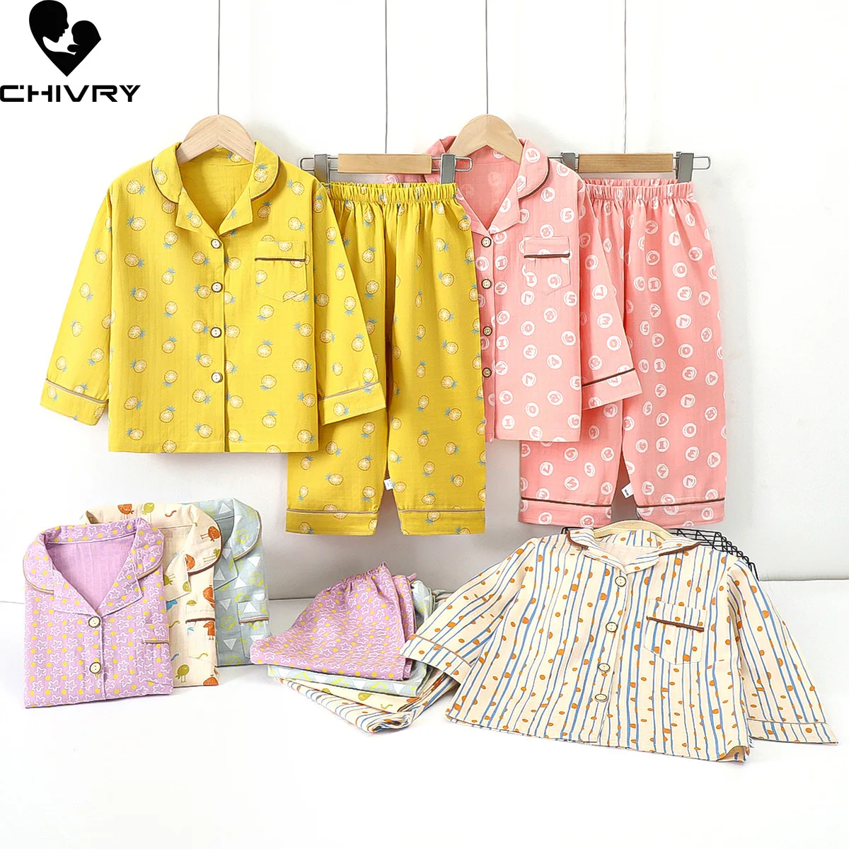 New 2022 Kids Boys Girls Pajamas Casual Cartoon Long Sleeve Lapel Shirt Tops with Pants Baby Summer Loose Sleeping Clothing Sets