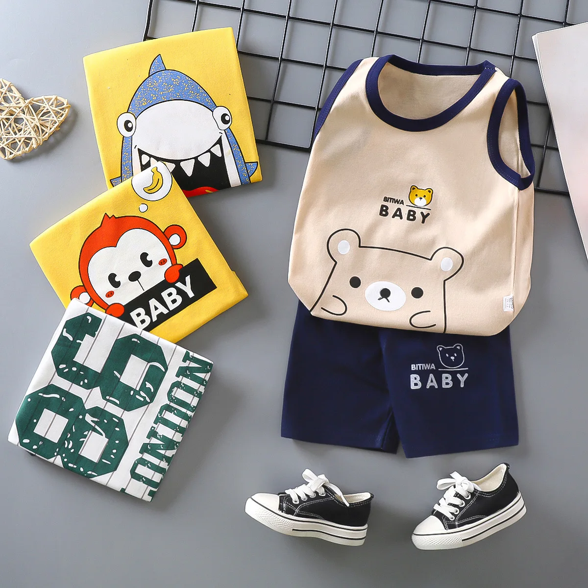 Children's Set Kids Clothes Vest + Shorts 2-piece Set Summer Pure Cotton Thin Style Simple Cartoon Design Loungewear Outfit