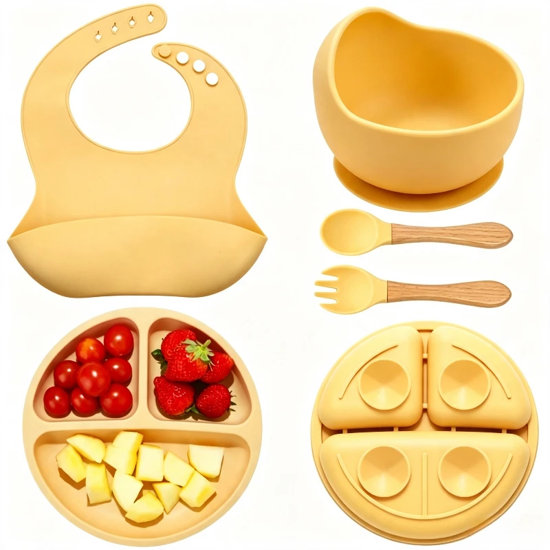 5Pcs Silicone Baby Feeding Set Safe & Soft Toddler Tableware Suction Bowl Divided Plate Adjustable Bibs Wood Handle Spoon Fork