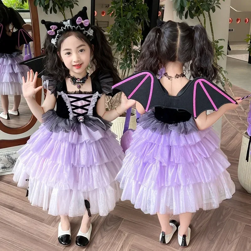 

Christmas Halloween Sanrio Anime Kuromi Kids Girl Dress Sleeveless Layered Tulle Dress Xmas Clothes Cartoon Cute Lolita Skirt