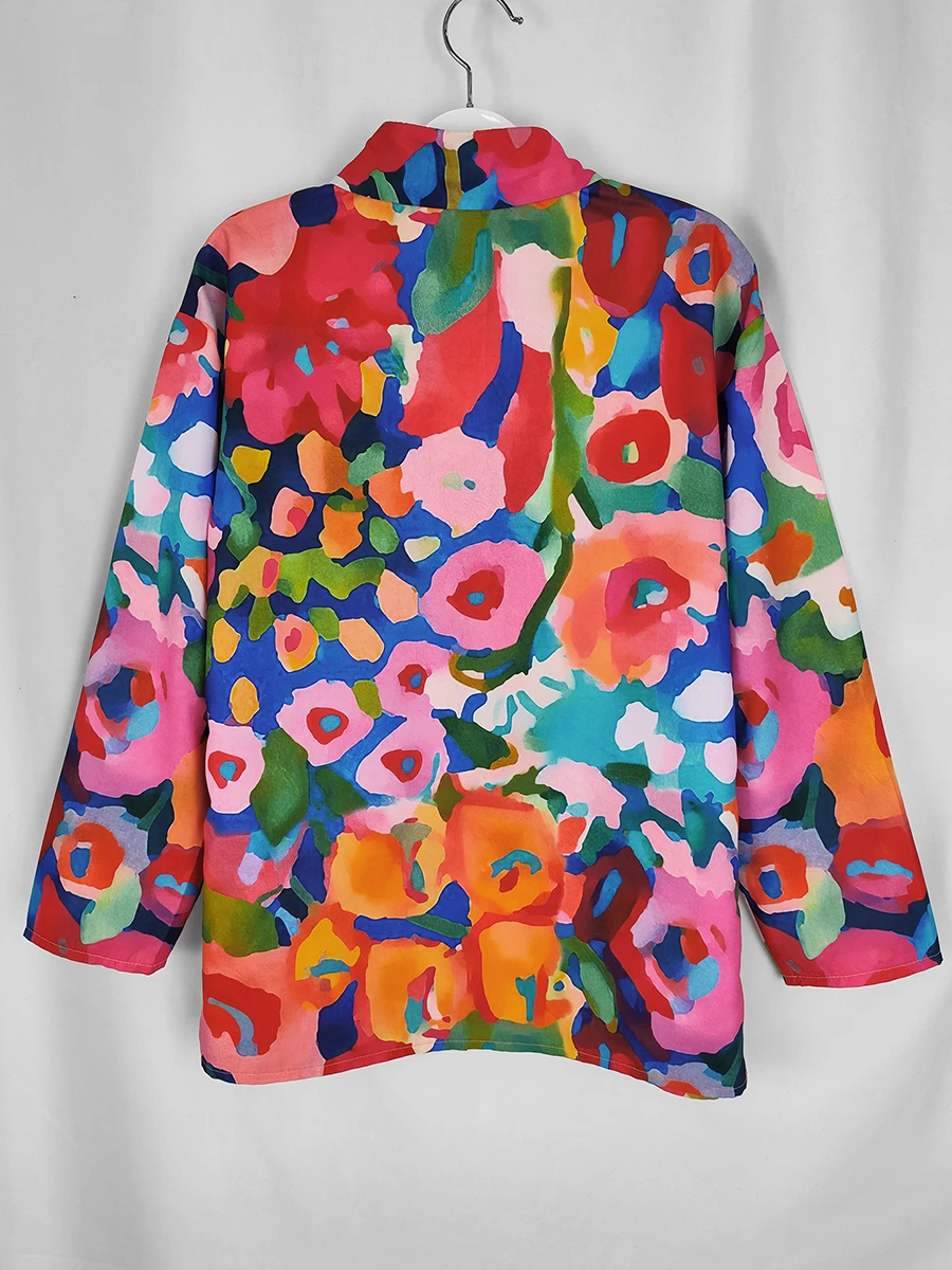 Women Fashion Plus Size Floral Print Blouse Loose Button Down Shirt Vintage Abstract Colorful Art Long Sleeve Casual Top image 5